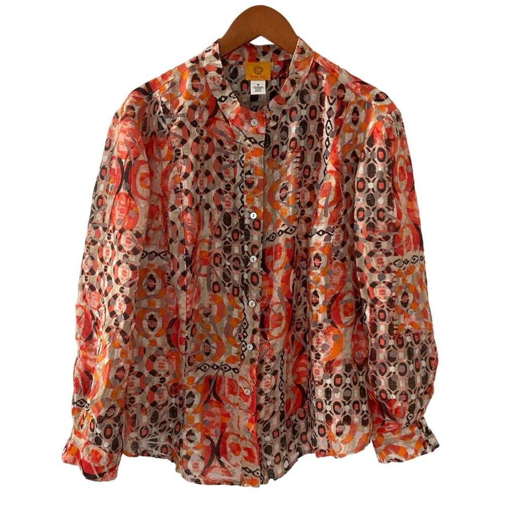 Ruby Rd Womens Long Sleeve Button Up Blouse Sz 18 Top Orange Brown Elastic Back